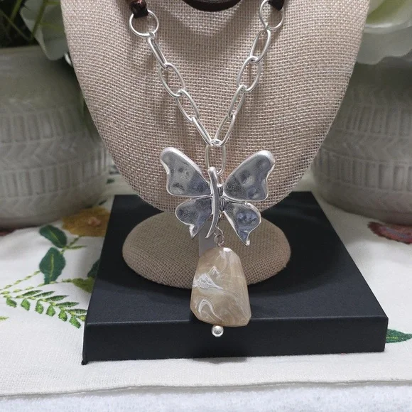 Silver and Brown Butterfly Pendant Necklace - Picture 2 of 4